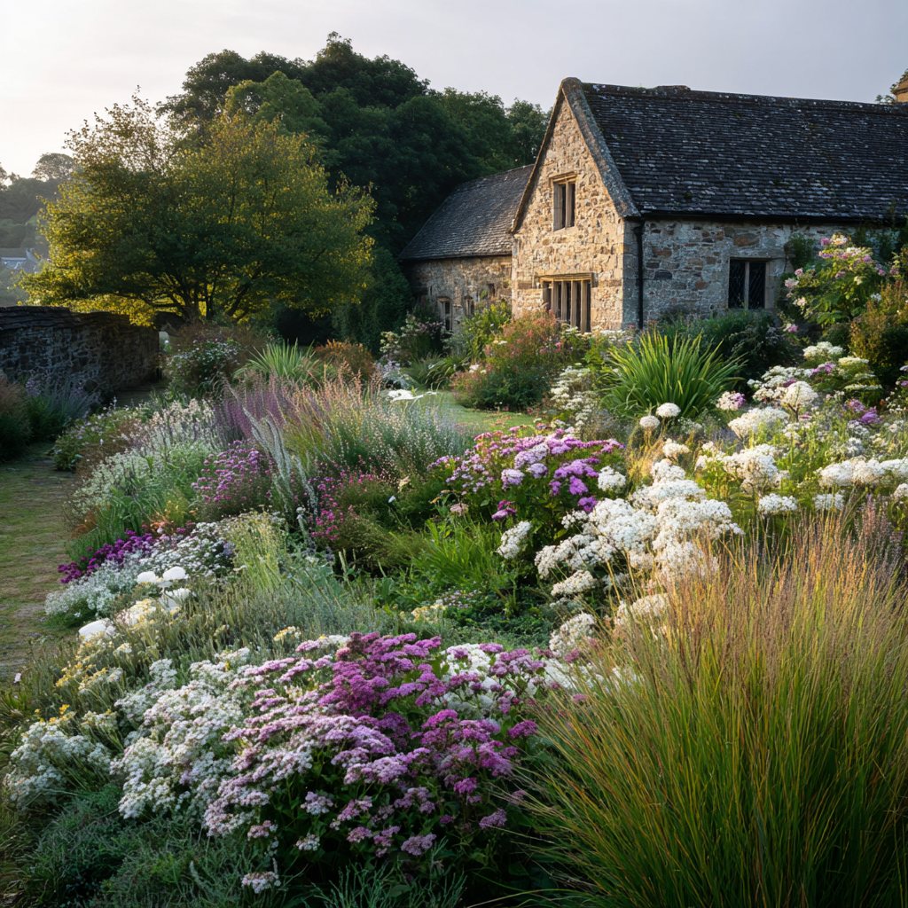 A mixed perennial border of white yarrow, phlox and grasses in front of a stone cottage