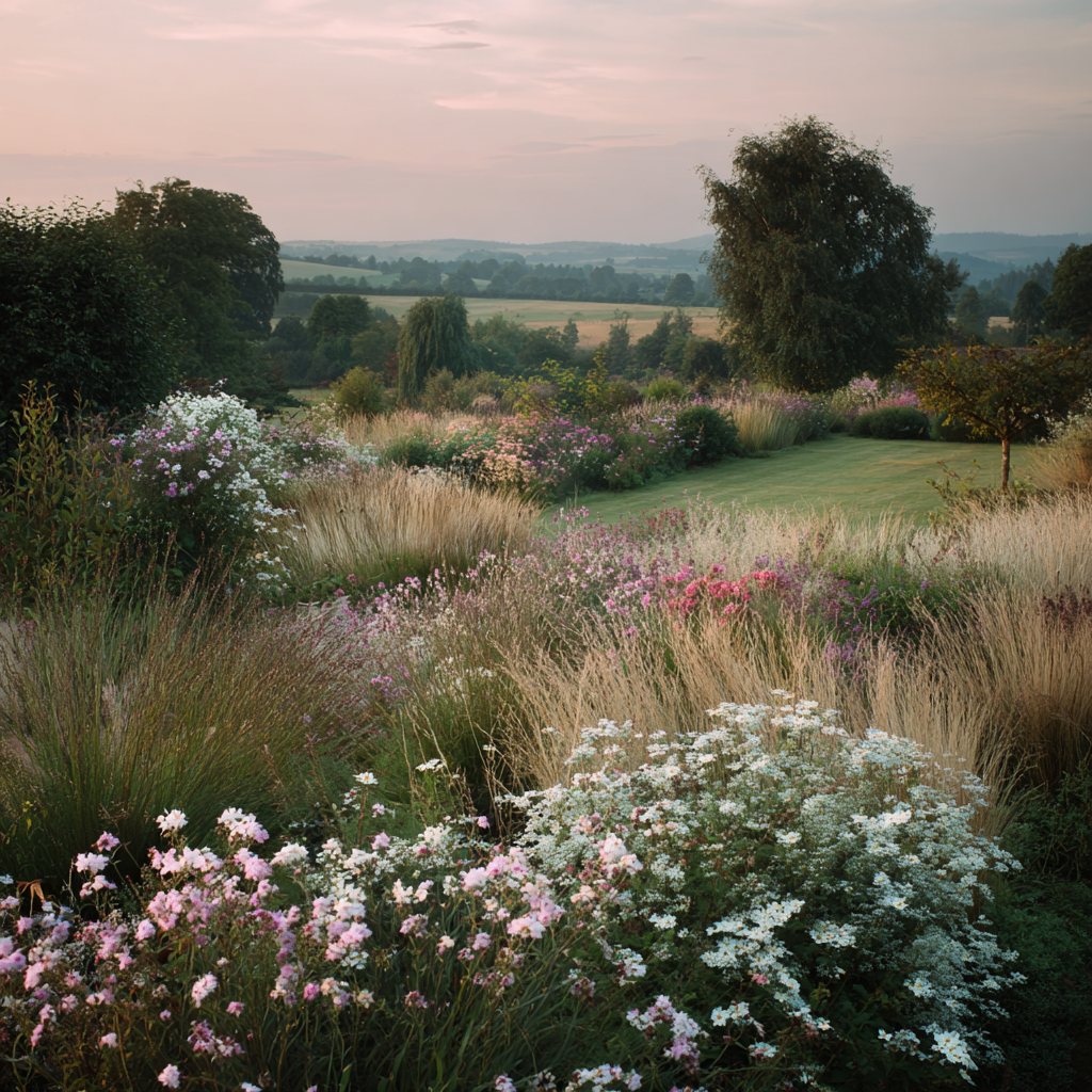 A border of pink and white asters and grasses at dusk, looking out over farmland