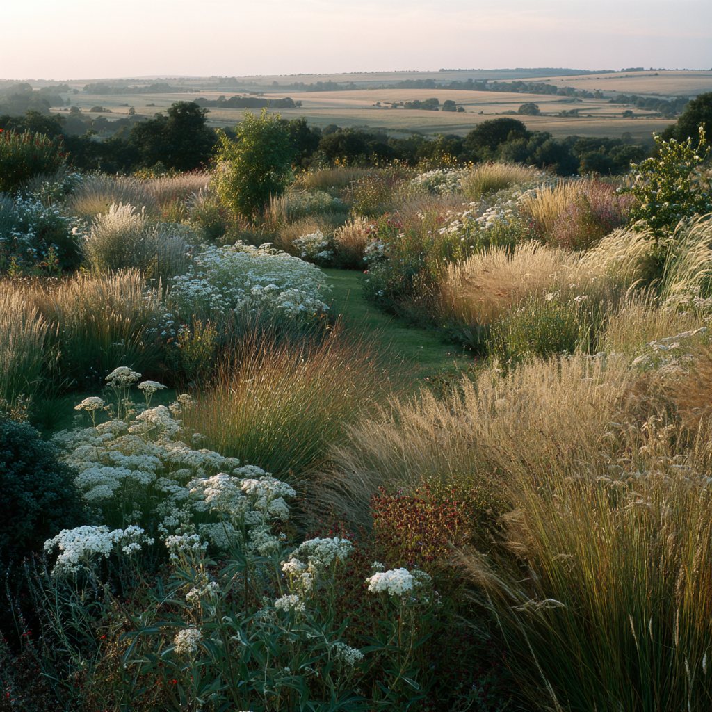 Feather grasses and white yarrow along a grass path above open fields