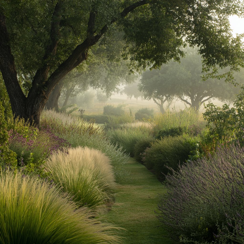 A grass path between mounded fountain grasses and lavender under an old oak